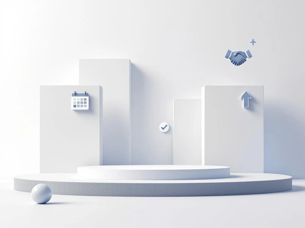 Minimalistische geometrische Komposition mit weißen Blöcken, blauen Linien und Event-Symbolen für Personaldienstleistungen