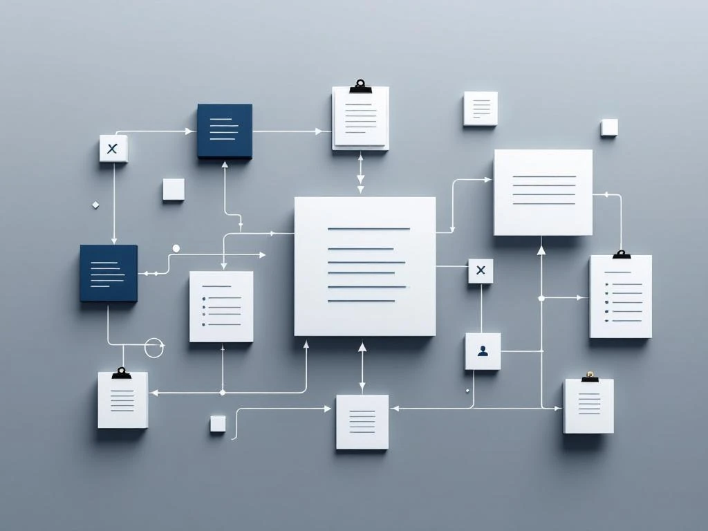 event-management-briefing-geometrisch-navy.jpg Minimalistische Geschäftskomposition mit geometrischen Elementen, Organisationscharts und Pfeilverbindungen in Marineblau