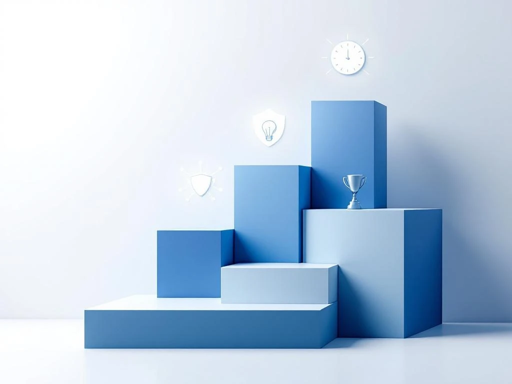 Fünf aufsteigende blaue Plattformen mit Symbolen für Event-Personal-Vorteile: Uhr, Schild, Glühbirne, Netzwerk, Pokal