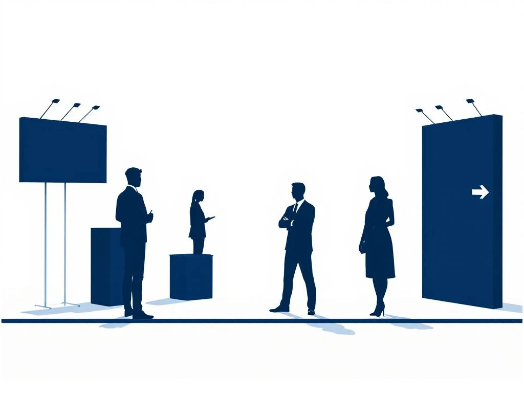 Professionelle Eventmitarbeiter als geometrische Silhouetten um Messestände, minimalistisches Design in Marineblau