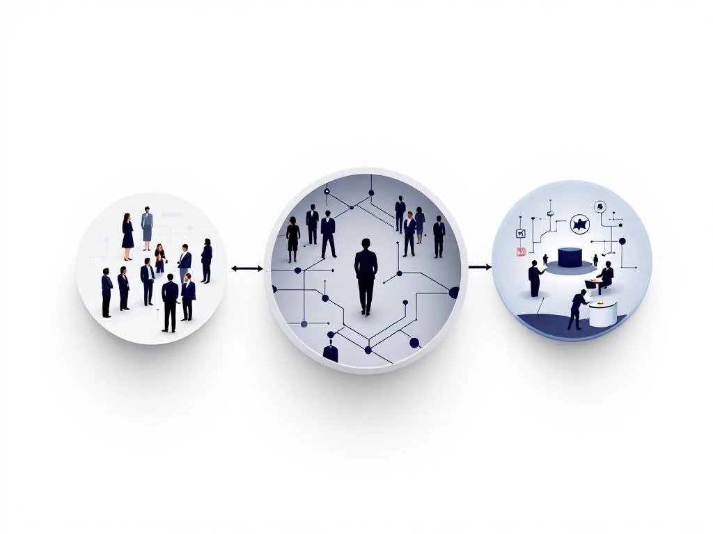 Drei verbundene Kreise zeigen den Event-Personal-Prozess: Fachkräfte, Vernetzung und Veranstaltungstechnik in Navy-Blau-Tönen