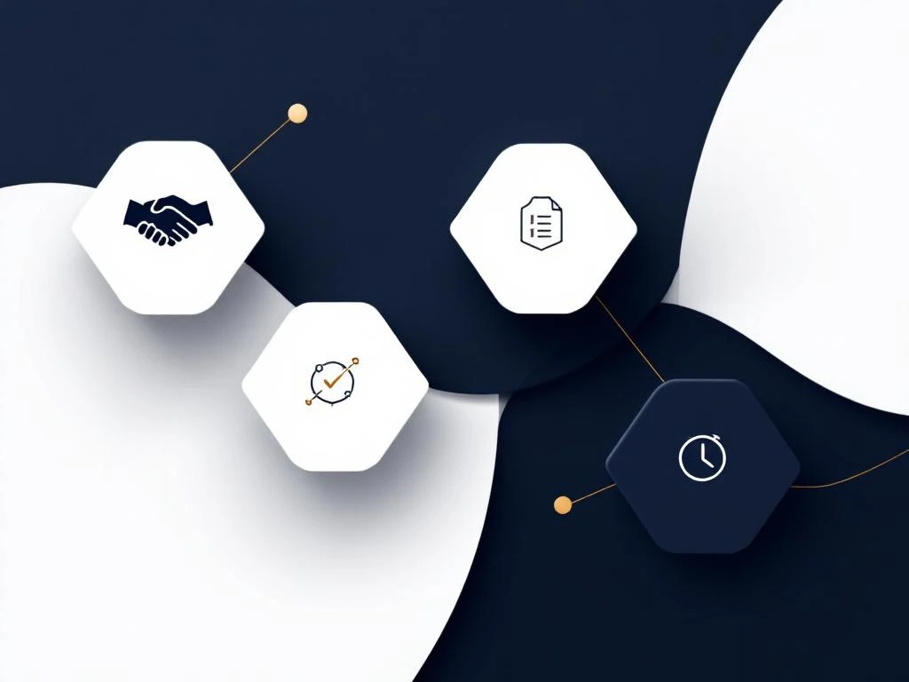 Fünf sechseckige Kacheln in diagonaler Anordnung mit Icons für professionelle Event-Services auf blau-weißem Farbverlauf