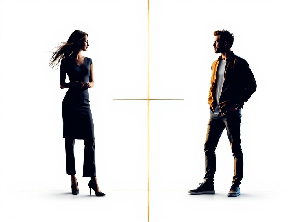 Professionelle Silhouetten einer Hostess und eines Promoters in minimalistischem Split-Screen-Design für Personalrekrutierung