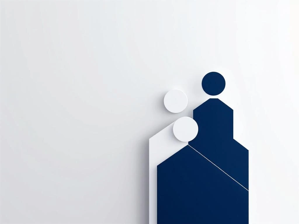 Drei geometrische Figuren in Navy und Weiß symbolisieren Teamhierarchie und Vernetzung für Personalrekrutierung