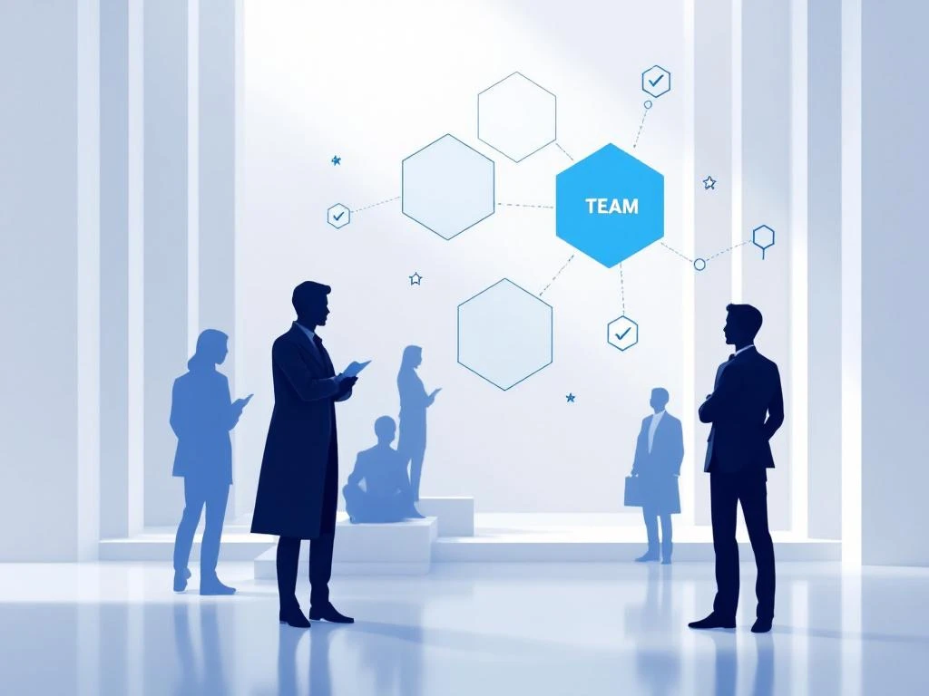 Professionelle Teamauswahl-Grafik mit vernetzten Sechsecken, geometrischen Figuren und Bewertungssymbolen in Blau-Weiß