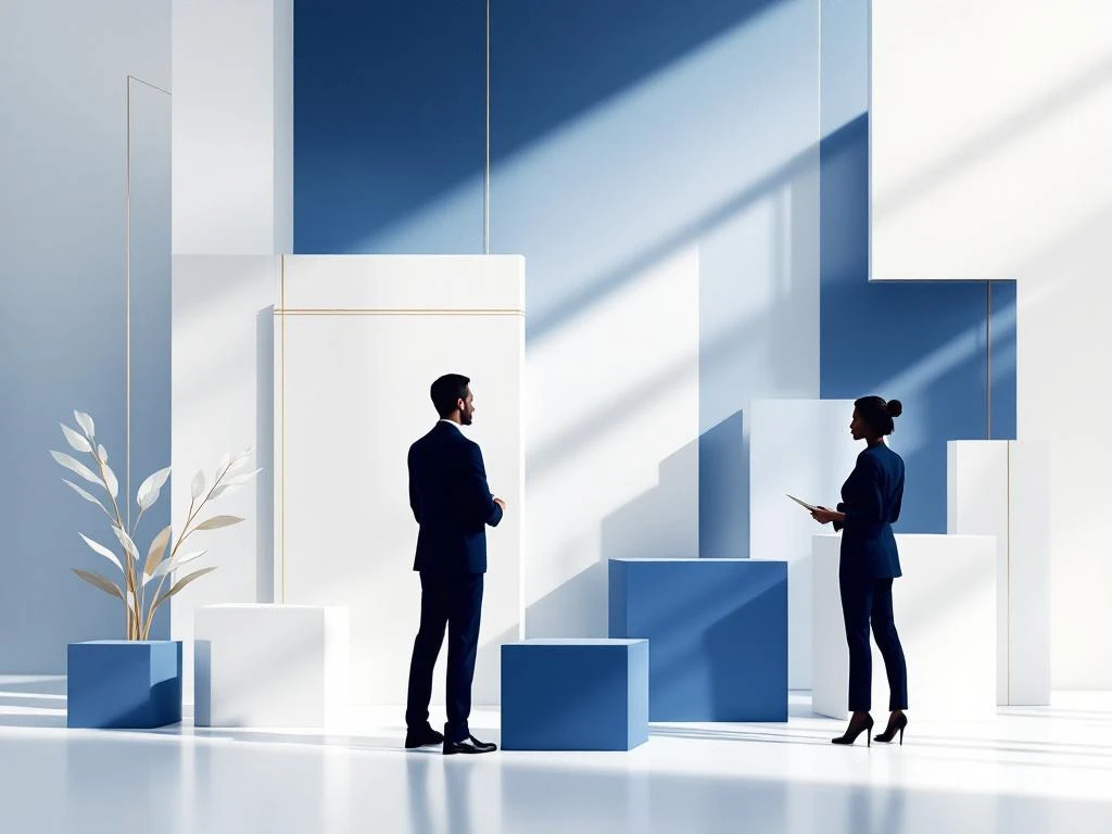 Professionelle Event-Koordination mit geometrischen Formen in Blau und Weiß, goldene Akzentlinien, Silhouetten von Personen