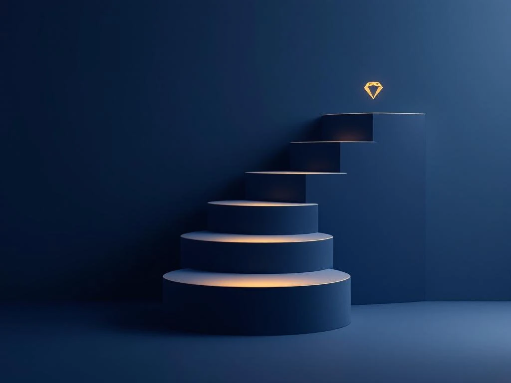 Fünf aufsteigende geometrische Stufen in Navy-Gold-Farbverlauf mit Symbolen für Qualität, Teamwork und Expertise