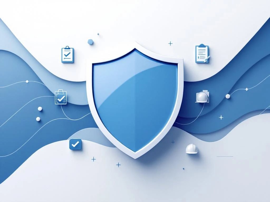 Schutzschild-Symbol in blauem Farbverlauf umgeben von Versicherungs-Icons wie Checkliste und Helm auf weißem Hintergrund