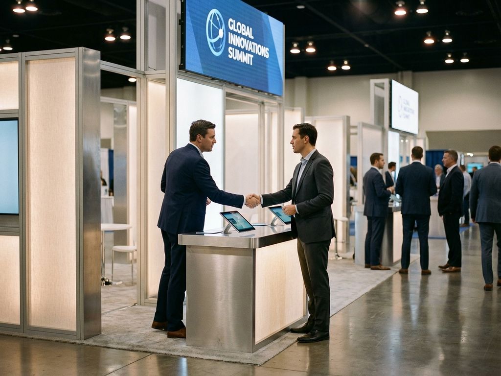 Geschäftsleute beim Händeschütteln an modernem Messestand während B2B-Konferenz mit digitalen Displays im Hintergrund