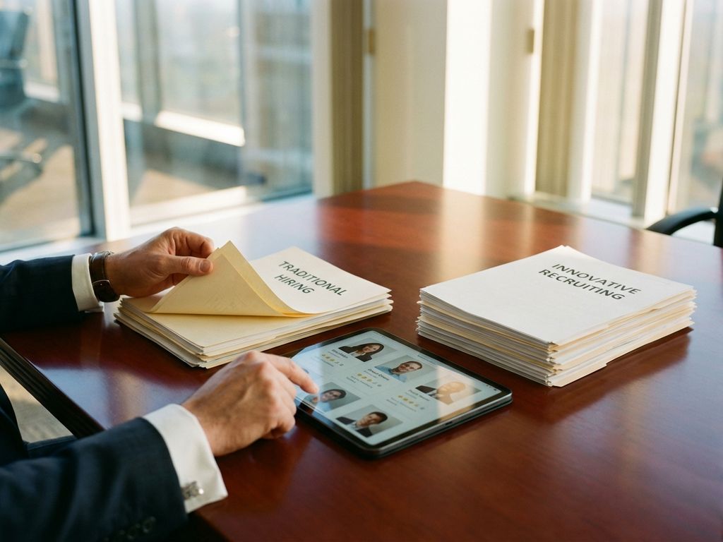 Geschäftsführer vergleicht Personaldokumente und Tablet mit Eventpersonal-Profilen am Konferenztisch im modernen Büro