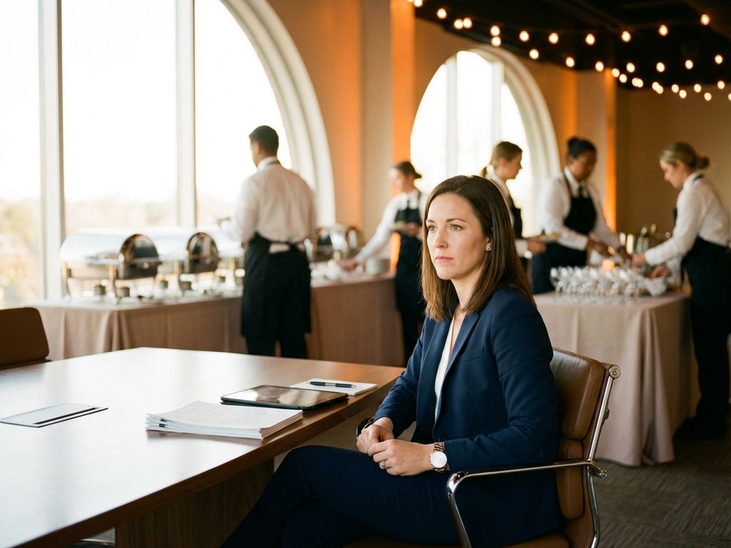 event-coordinator-corporate-catering-setup.jpg Professionelle Eventkoordinatorin prüft Dokumente am Konferenztisch während Catering-Team Corporate Event vorbereitet