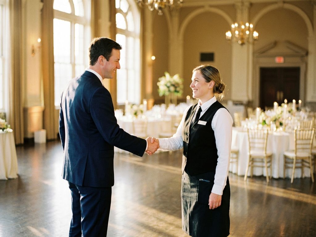 Professionelle Eventkoordinatorin gibt Catering-Mitarbeiter die Hand in elegantem Veranstaltungssaal mit weißen Tischen