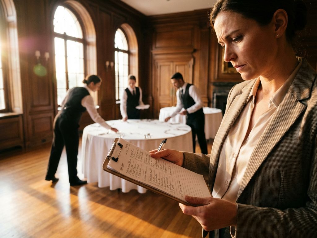 Professionelle Eventkoordinatorin prüft Checkliste in eleganter Konferenzraum mit Catering-Personal im Hintergrund