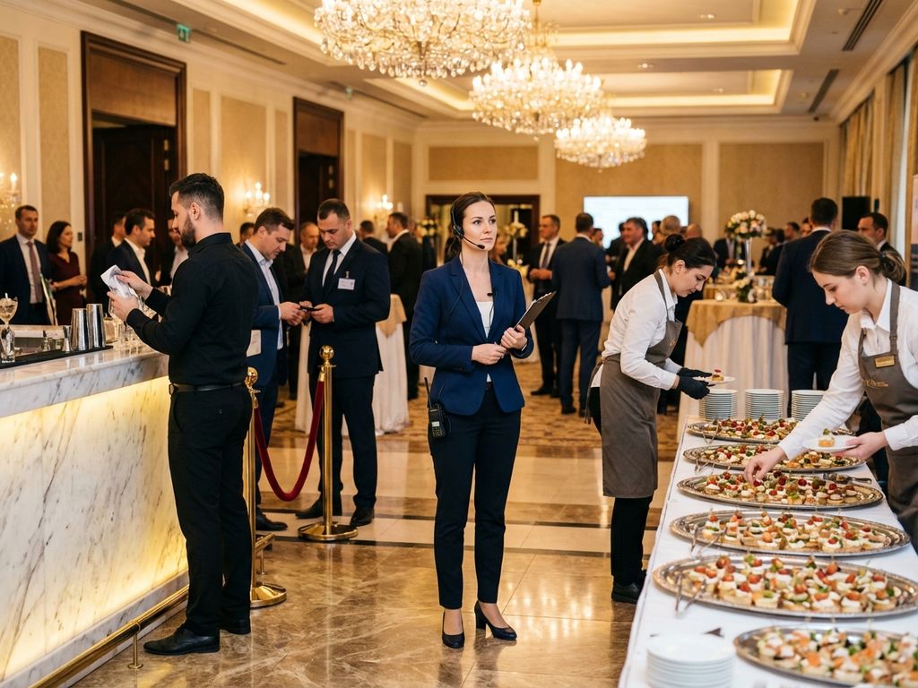 Professionelle Eventkoordinatorin im marineblauen Blazer steht selbstbewusst in elegantem Firmenveranstaltungsraum