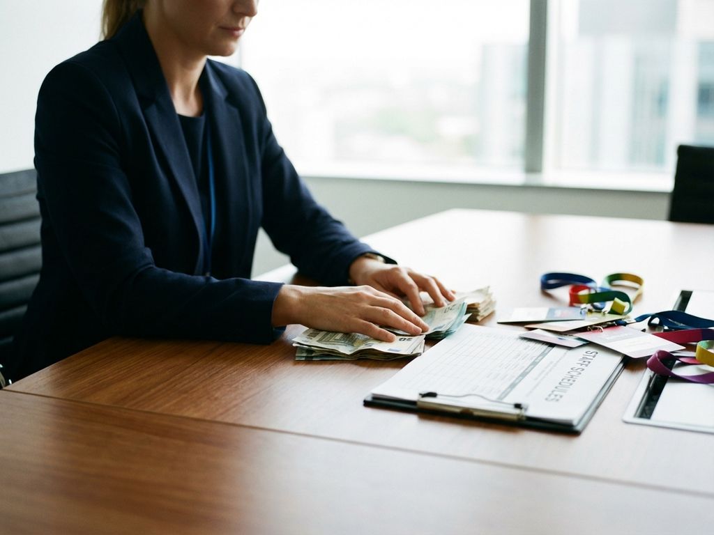 event-koordinator-euro-budget-planung-buero.jpg Eventkoordinatorin zählt Euro-Banknoten am Konferenztisch mit Terminplan und Event-Ausweisen im Büro