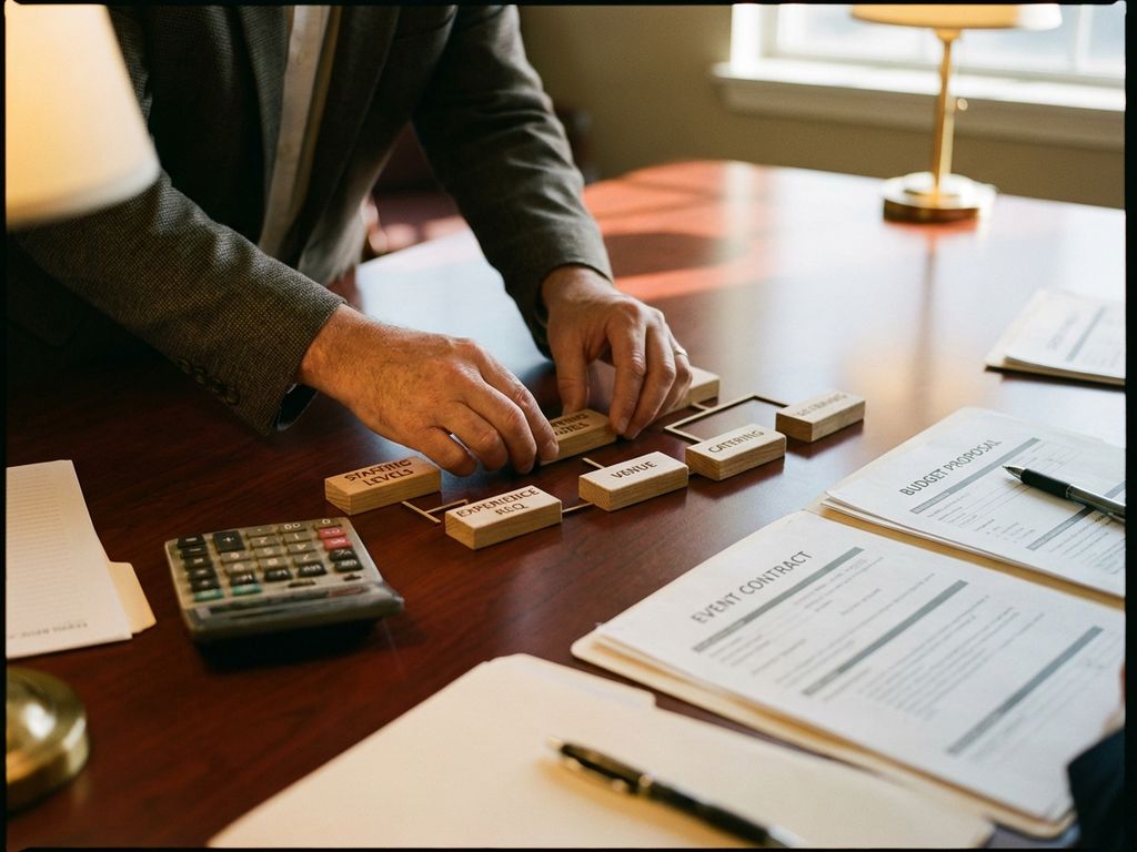 Eventkoordinator arrangiert Holzblöcke mit Kostenfaktoren auf Konferenztisch, Taschenrechner und Verträge daneben
