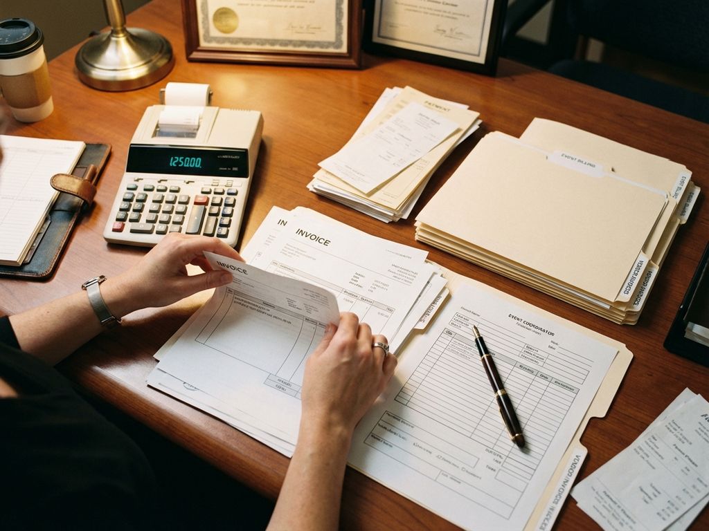 Eventkoordinator organisiert Rechnungen und Stundenzettel am Holzschreibtisch mit Taschenrechner und Stift