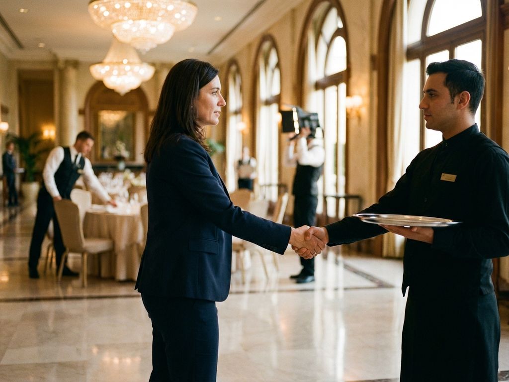 Professioneller Eventkoordinator schüttelt Kellner die Hand in eleganter Hotellobby während Veranstaltungsvorbereitung