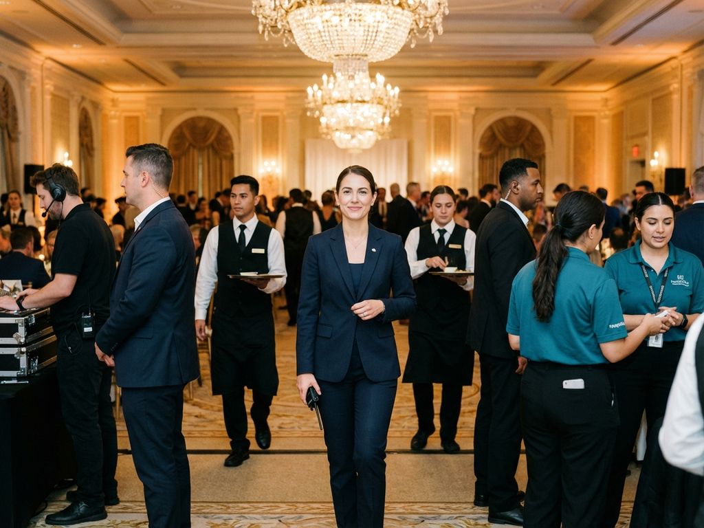 Professioneller Event-Koordinator im Anzug steht selbstbewusst in elegantem Ballsaal, umgeben von Serviceteam