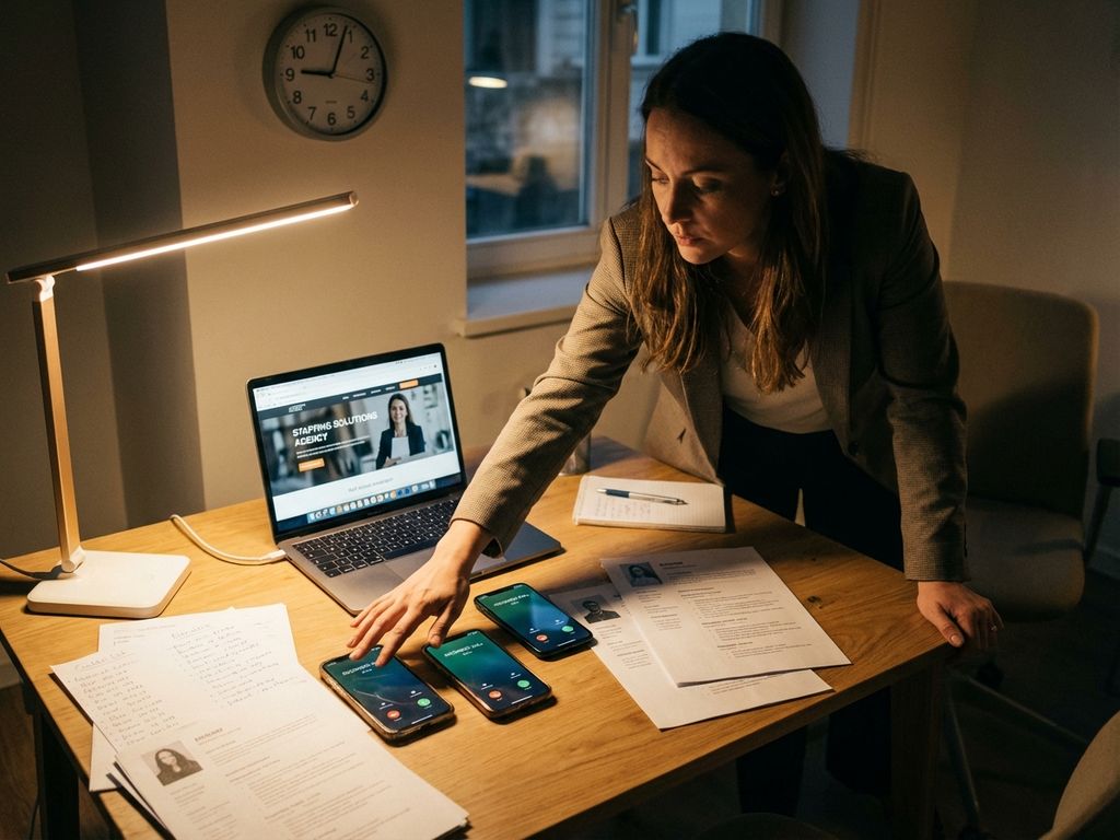 event-koordinator-personal-agentur-buero-arbeit.jpg Eventkoordinatorin am Schreibtisch mit klingelnden Smartphones, Laptop und Bewerbungsunterlagen bei Büroarbeit am Abend