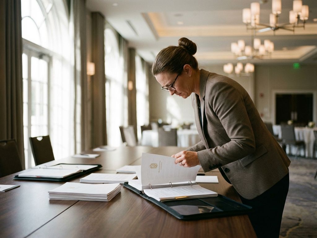 Event-Koordinatorin prüft Bewerbungsunterlagen am Konferenztisch in elegantem Veranstaltungsort