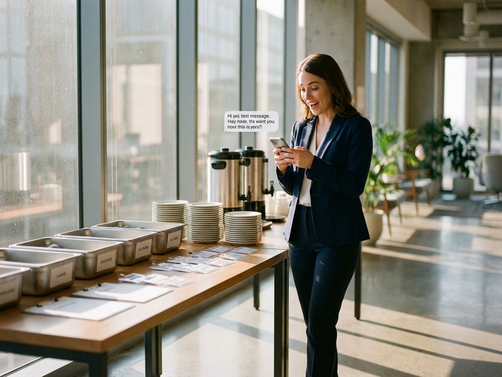 Professionelle Eventkoordinatorin prüft Smartphone neben Catering-Tisch mit Namensschildern in modernem Büro