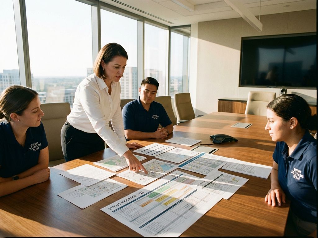 Eventmanager erklärt drei Mitarbeitern Briefing-Dokumente am Konferenztisch in modernem Besprechungsraum