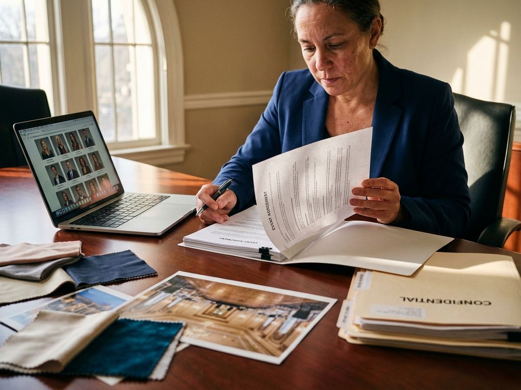 Professionelle Eventmanagerin unterzeichnet Vertrag am Konferenztisch mit Laptop und Planungsunterlagen