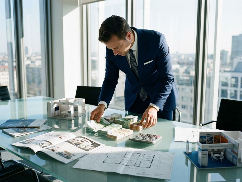 Geschäftsberater in Anzug ordnet Euro-Banknoten und Taschenrechner auf Glastisch in modernem Büro mit Tageslicht