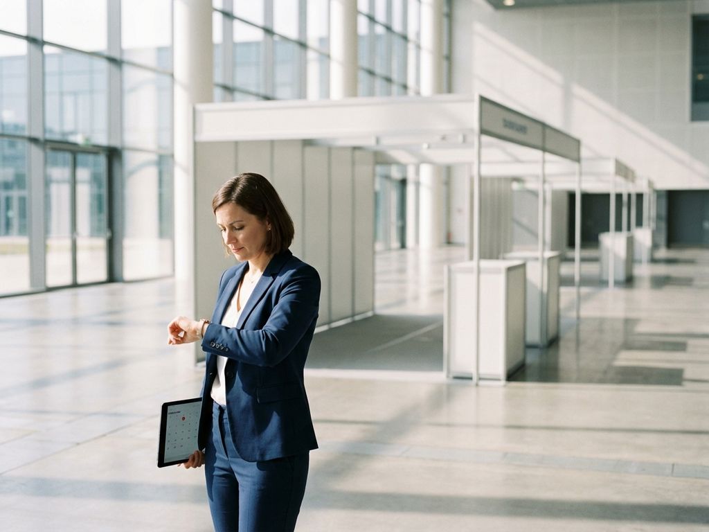Geschäftsfrau im Anzug prüft Uhr und hält Tablet mit Kalender in moderner Messehalle mit leeren Ausstellungsständen