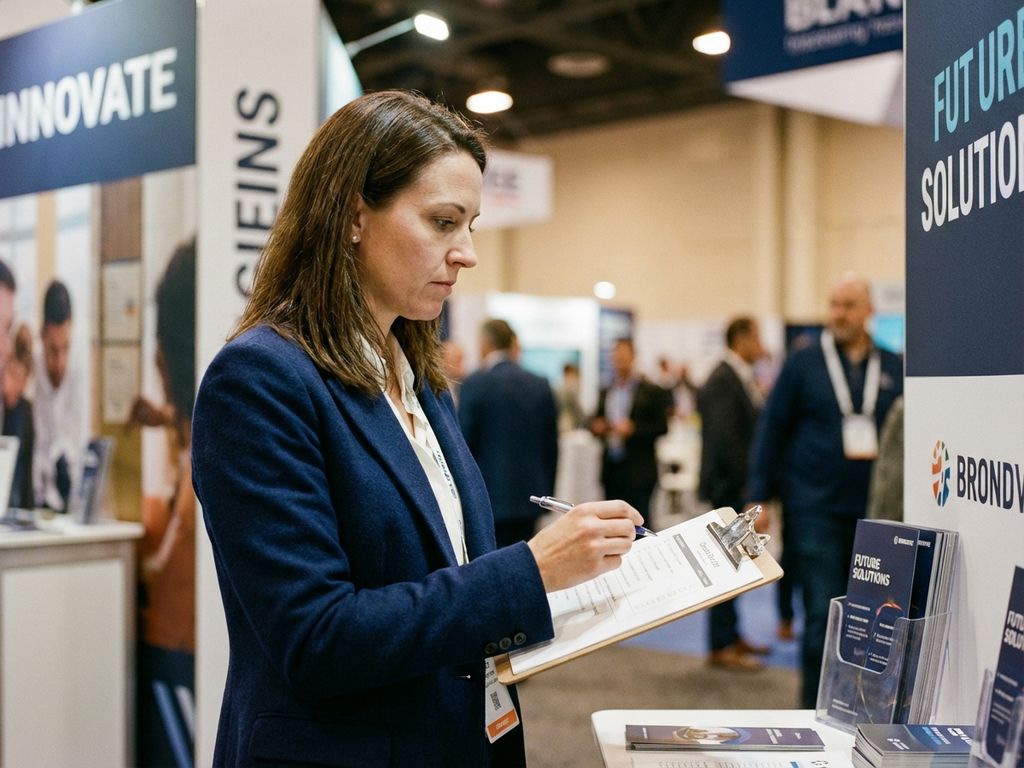 Geschäftsfrau in marineblauem Blazer überprüft Checkliste auf Klemmbrett bei Messe mit modernen Ausstellungsständen