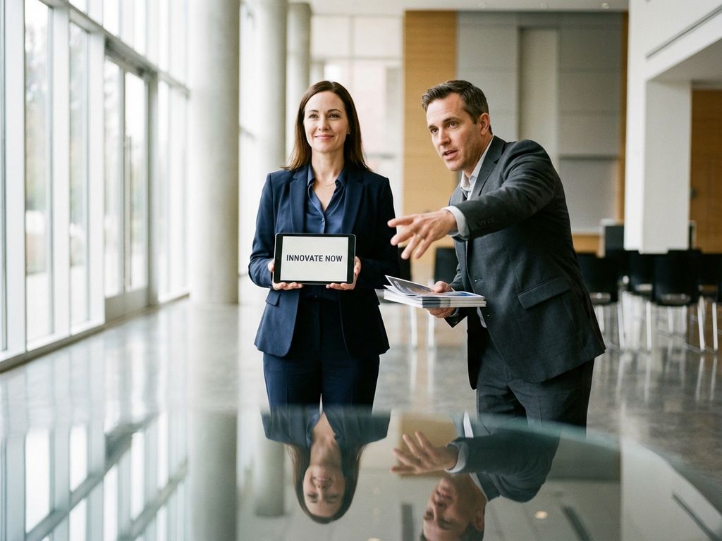 Professionelle Frau mit Tablet und männlicher Kollege verteilen Werbematerial in moderner Konferenzhalle