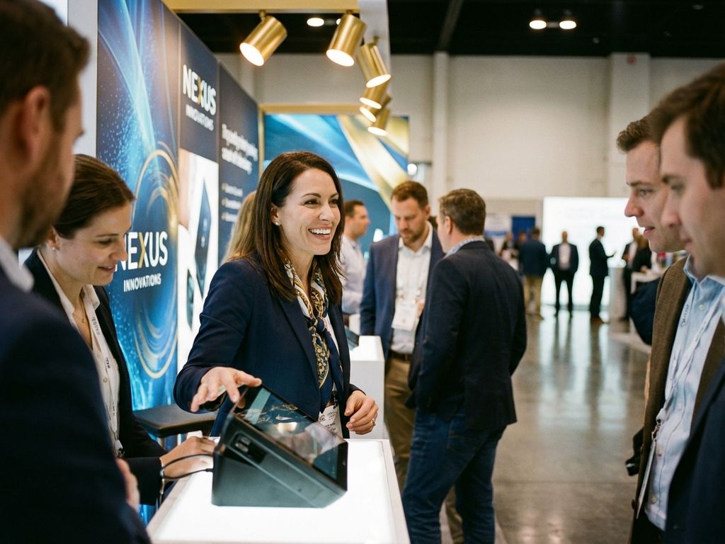 Professionelle Geschäftsfrau im marineblauen Blazer präsentiert Produkt an modernem Messestand vor interessierten Besuchern