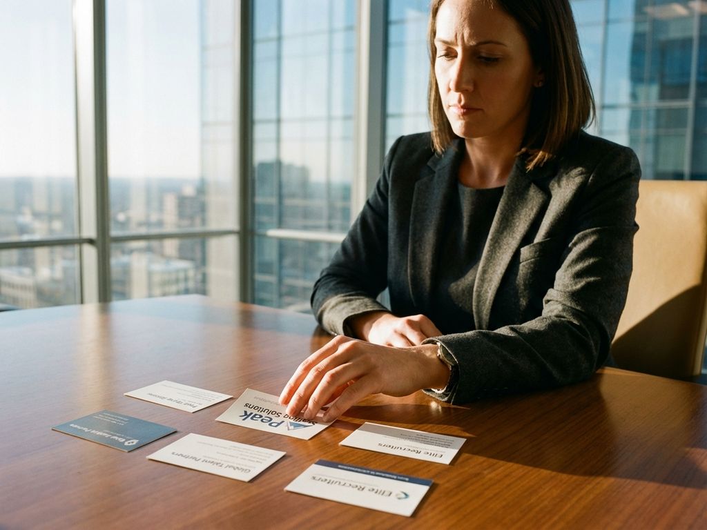 Geschäftsfrau vergleicht Visitenkarten verschiedener Personalagenturen am Konferenztisch im modernen Büro