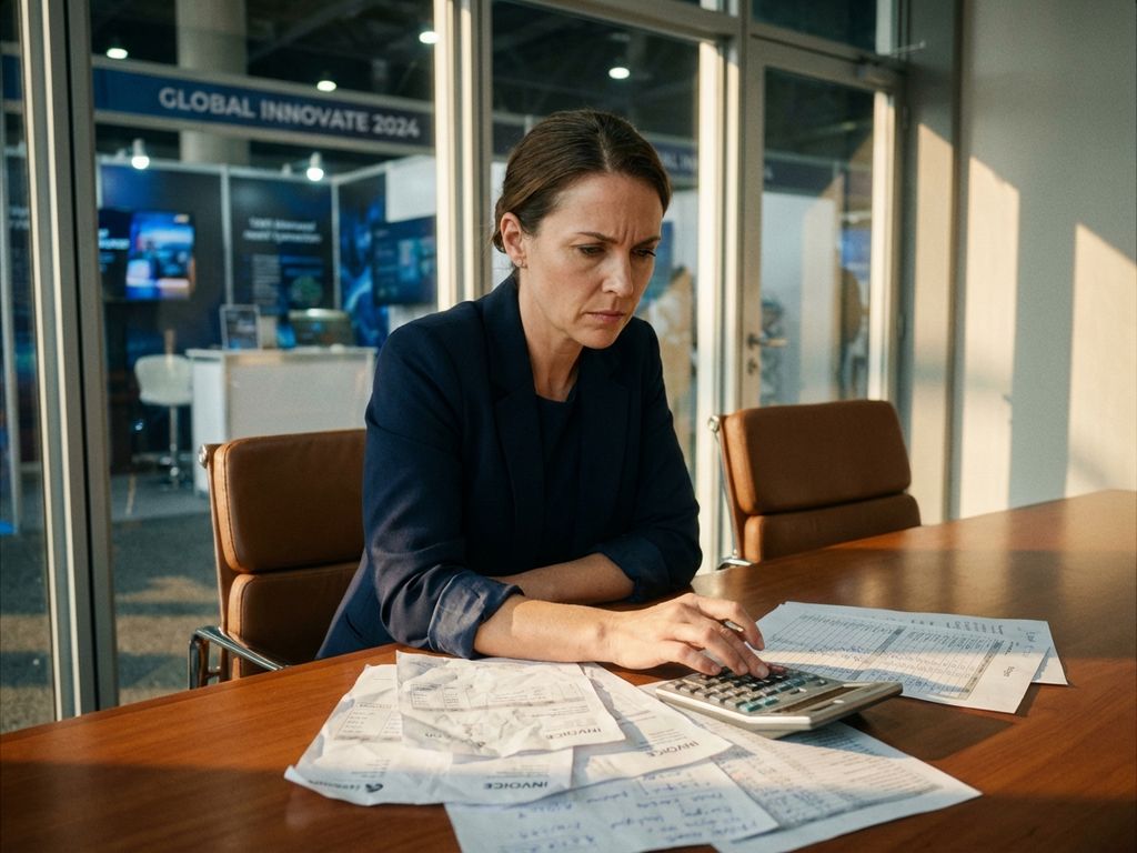 Geschäftsfrau im Anzug berechnet Kosten mit Taschenrechner am Konferenztisch mit Rechnungen und Budgetunterlagen