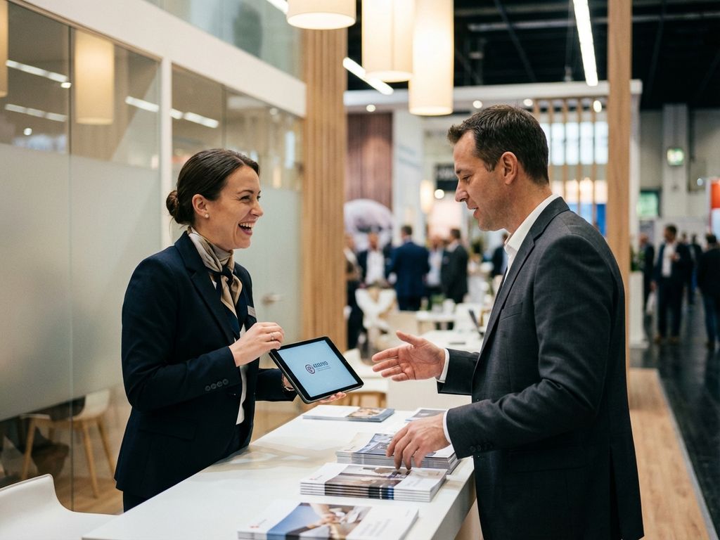 Professionelle Frau mit Tablet und Mann arrangieren Marketingmaterialien am modernen Messestand während Gespräch