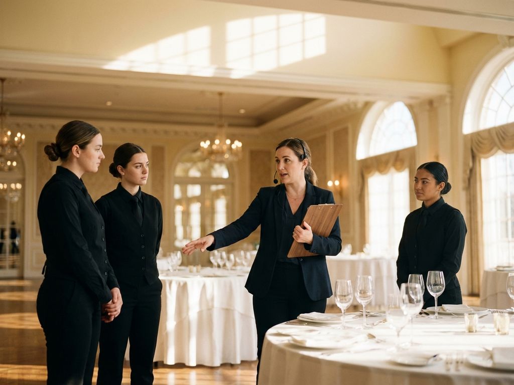 hotel-personal-schulung-ballsaal-training.jpg Event-Koordinatorin mit Headset führt neue Hotelmitarbeiter durch eleganten Ballsaal mit gedeckten Tischen