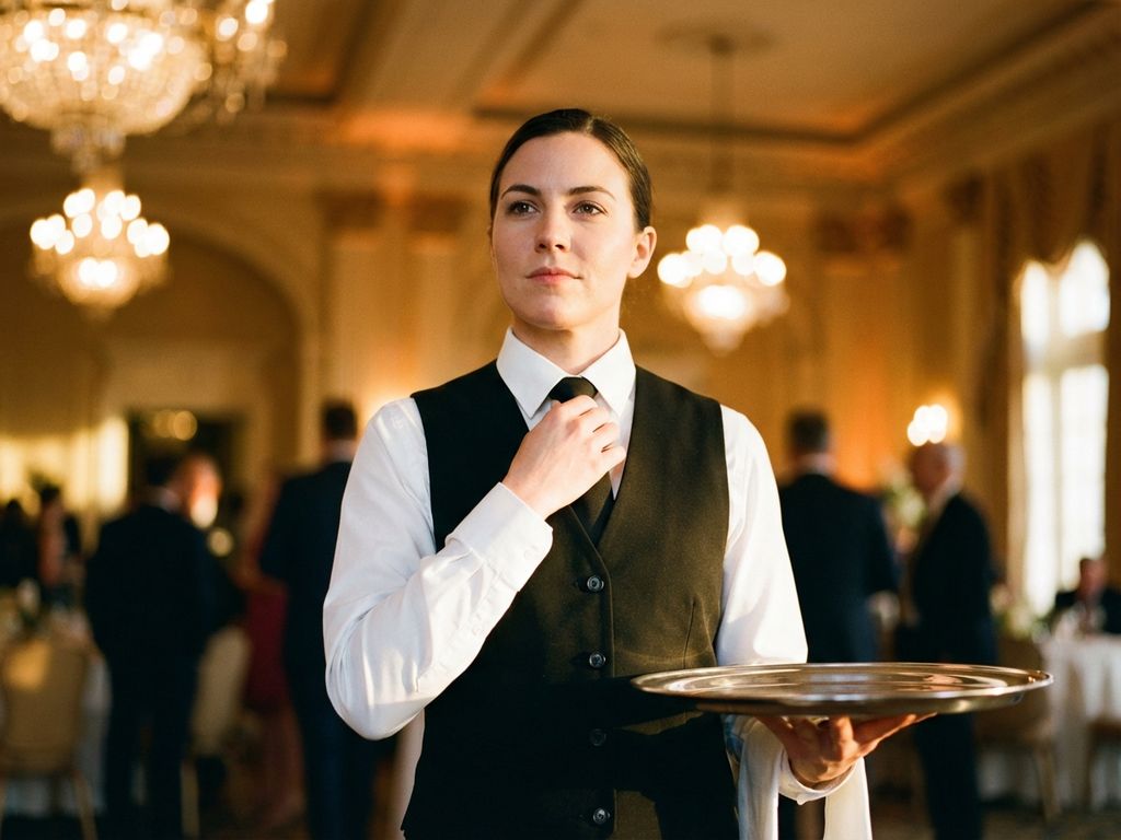 professioneller-kellner-uniform-hotel-service.jpg Professioneller Eventserver in schwarzer Uniform mit Silbertablett in elegantem Hotelsaal mit warmem Licht