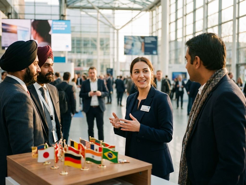 Professionelle mehrsprachige Hostess in marineblauem Blazer im Gespräch mit internationalen Messebesuchern