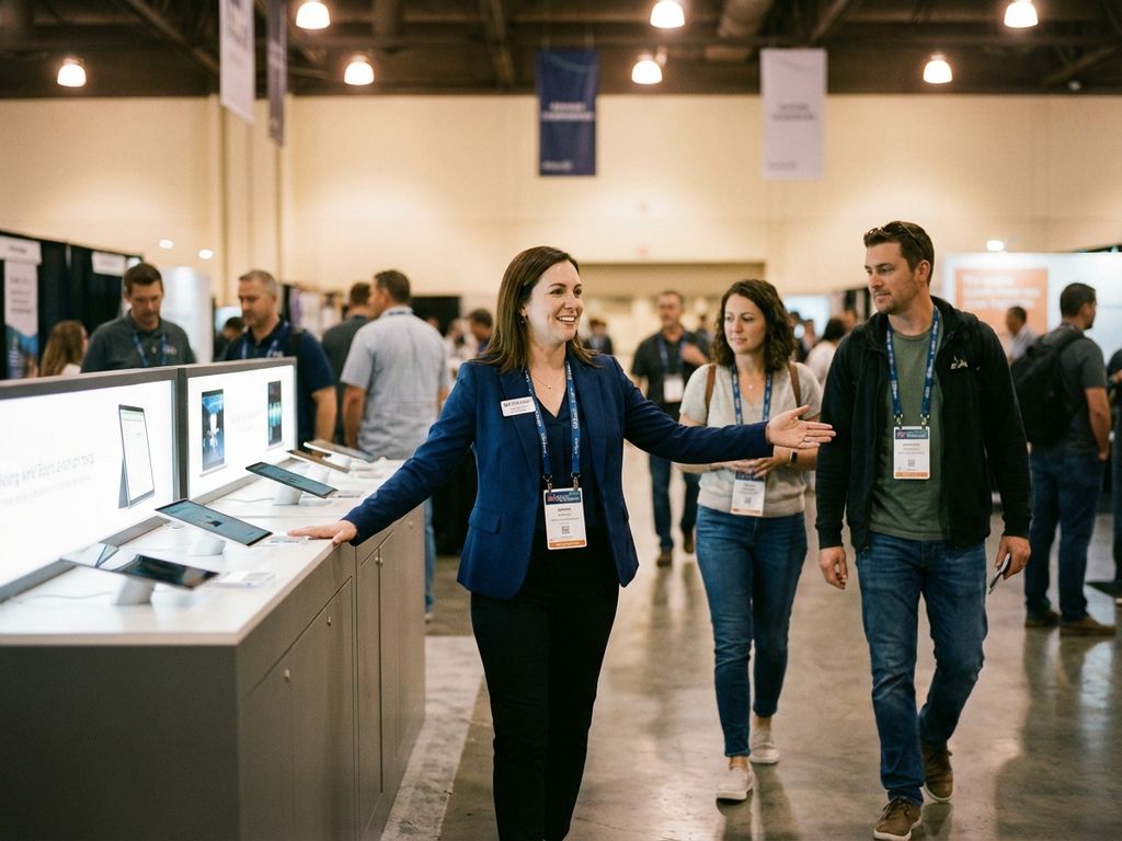 Professionelle Messehostess in marineblauen Blazer begrüßt Besucher an modernem Messestand in Ausstellungshalle
