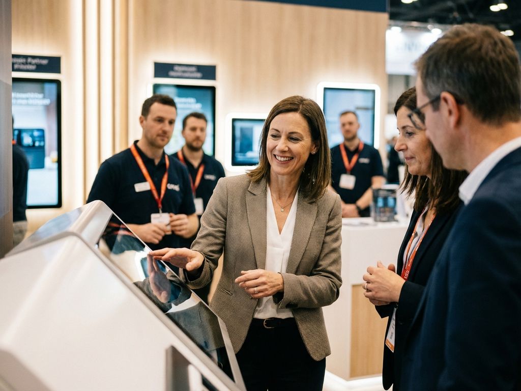 Professionelle Präsentatorin im Gespräch mit Kunden am modernen Messestand mit Produktdisplays im Hintergrund