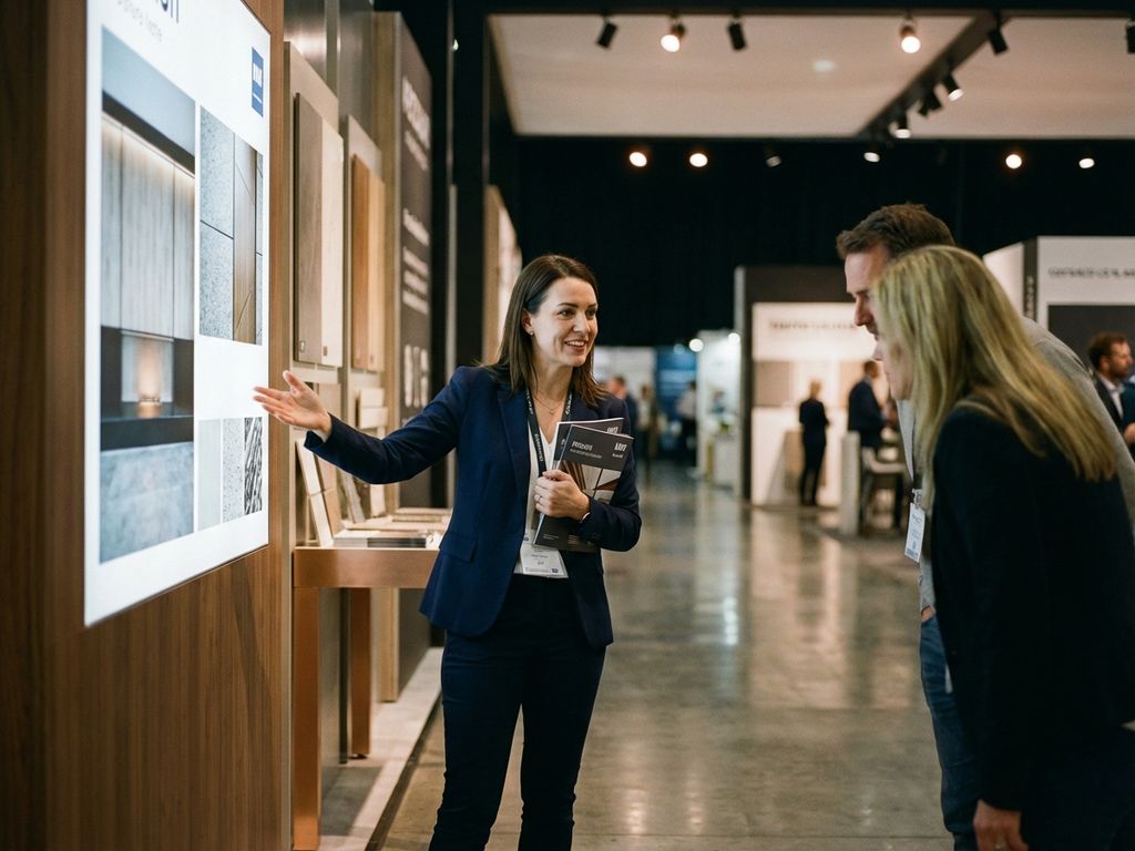 Professionelle Messehostess in marineblauem Blazer präsentiert Broschüren an modernem Messestand mit Besuchern