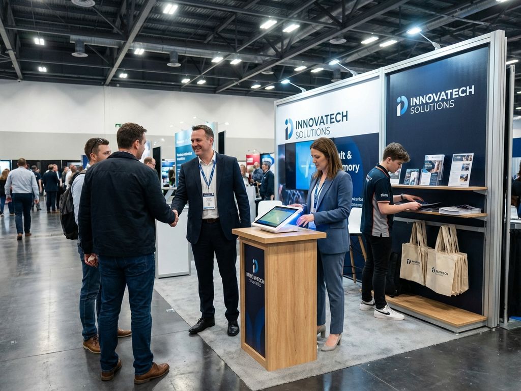 Professioneller Messestand mit Verkaufsleiter, Produktspezialist und Standassistent in moderner Ausstellungshalle