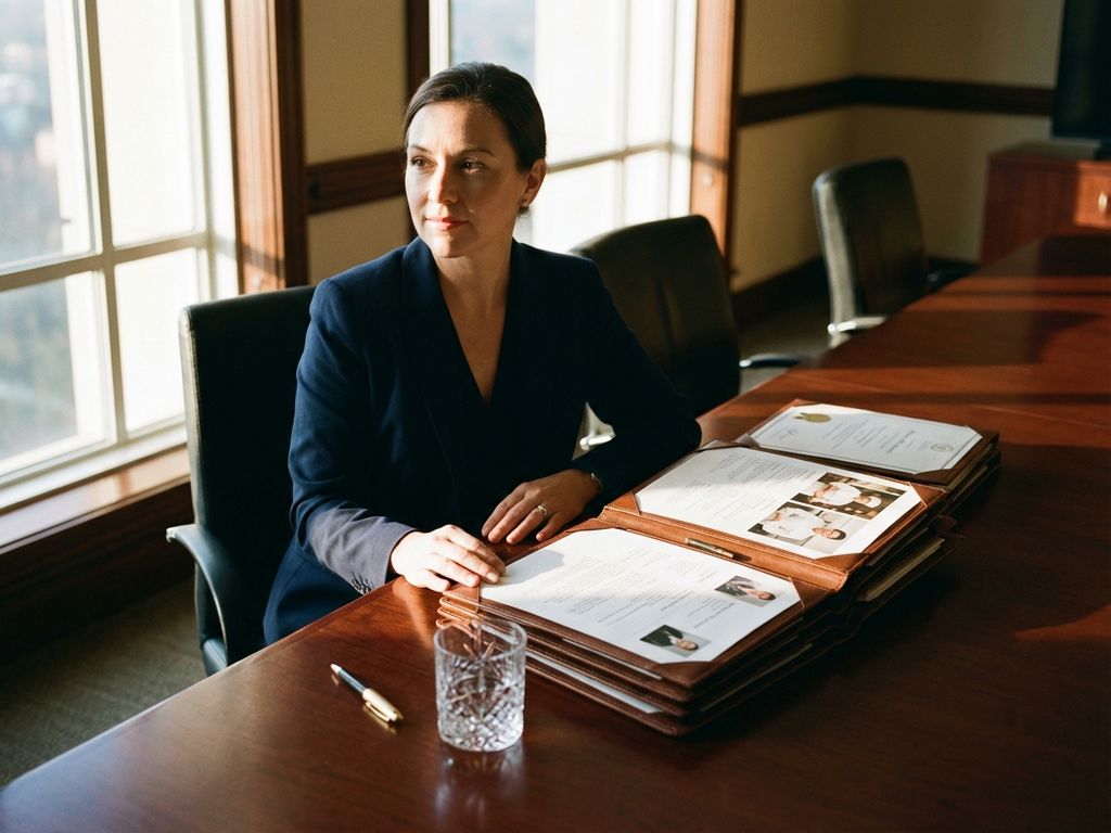 event-koordinator-bewerbungsgesprach-buero.jpg Professionelle Eventkoordinatorin prüft Bewerbungsunterlagen am Konferenztisch mit Hospitality-Portfolios