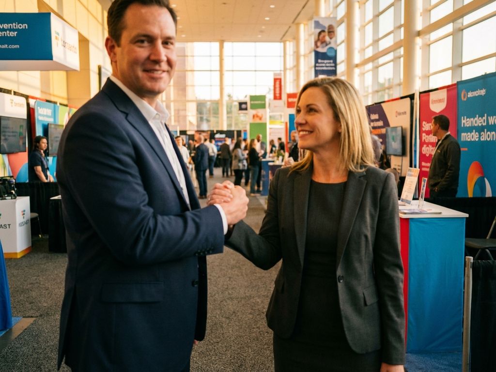 recruiter-handshake-trade-show-business-partnership.jpg Personalvermittler und Messehostess geben sich die Hand vor lebhafter Messehalle mit Ausstellungsständen