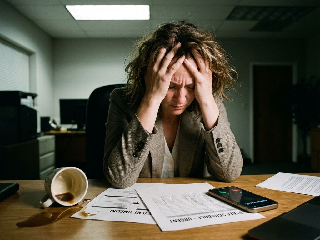 Gestresste Eventkoordinatorin mit Kopf in Händen am Schreibtisch, verschütteter Kaffee auf Planungsdokumenten, verpasste Anrufe
