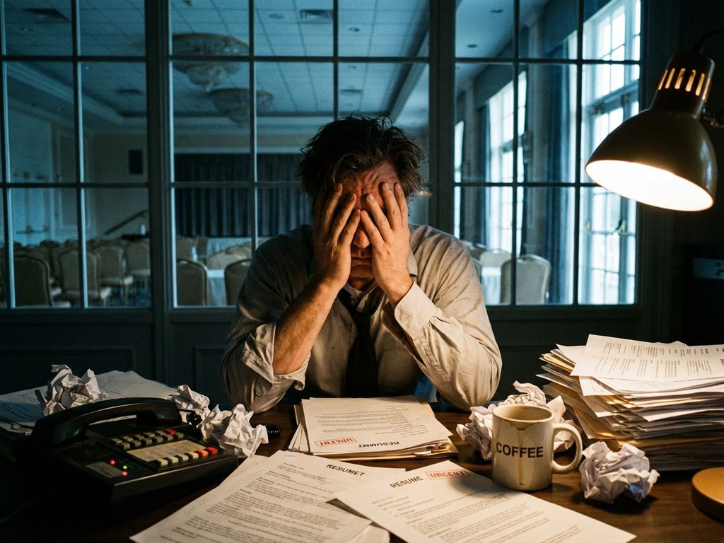 Gestresster Eventmanager sitzt frustriert am überfüllten Schreibtisch mit Bewerbungen, leere Stühle im Veranstaltungsort sichtbar