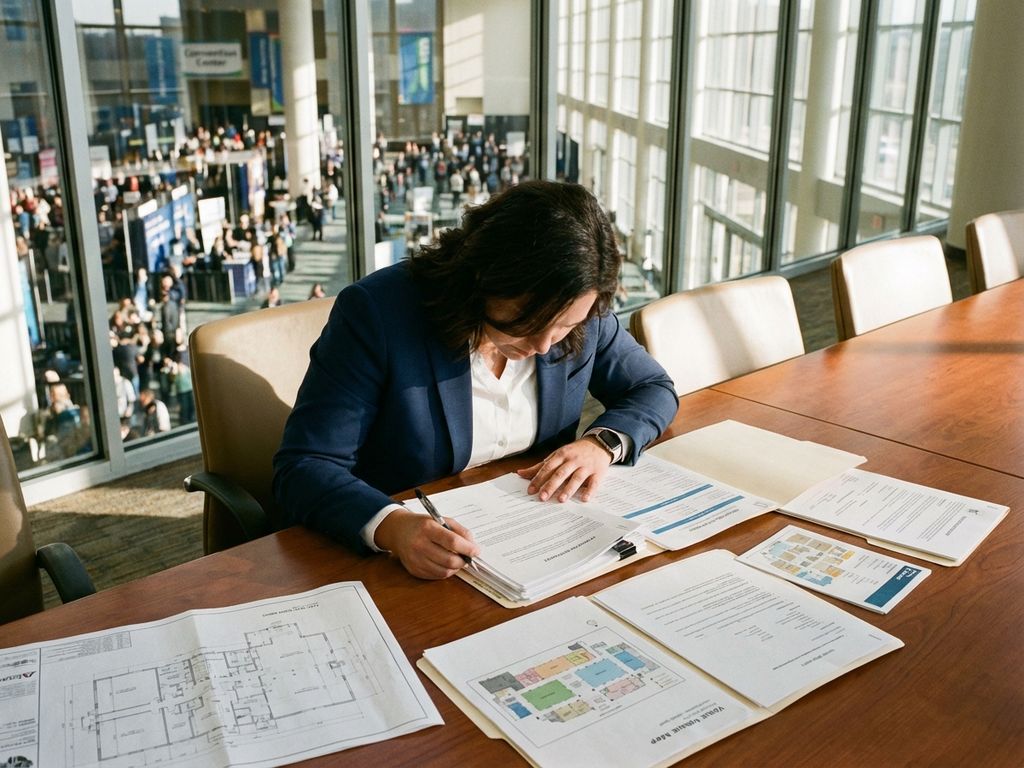 Professionelle Eventkoordinatorin prüft Arbeitsunterlagen am Konferenztisch mit Veranstaltungsplanung im Hintergrund