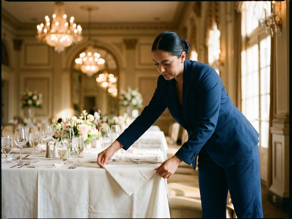 event-koordinator-bankett-tisch-luxus-ballsaal.jpg Professioneller Eventkoordinator in marinblauem Anzug richtet weiße Tischdecken im luxuriösen Hotelsaal ein