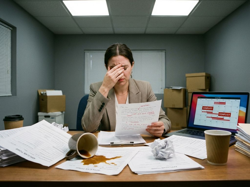 Frustrierte Eventkoordinatorin am Schreibtisch mit chaotischen Bewerbungsformularen und verschüttetem Kaffee im Büro